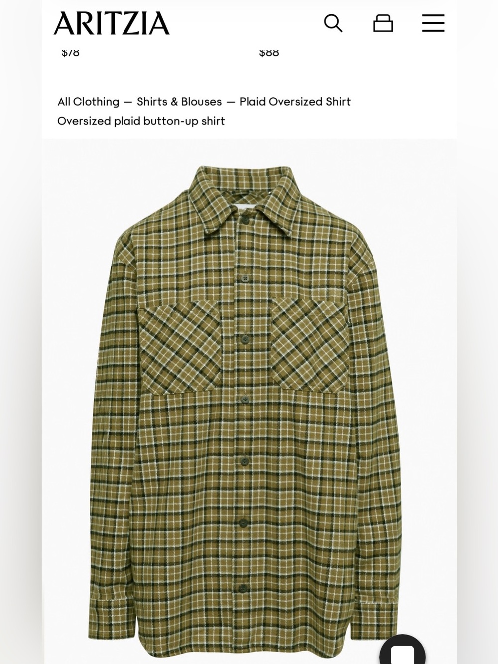 ARITZIA - TNA - Olive Plaid Oversized Button-Up Shirt